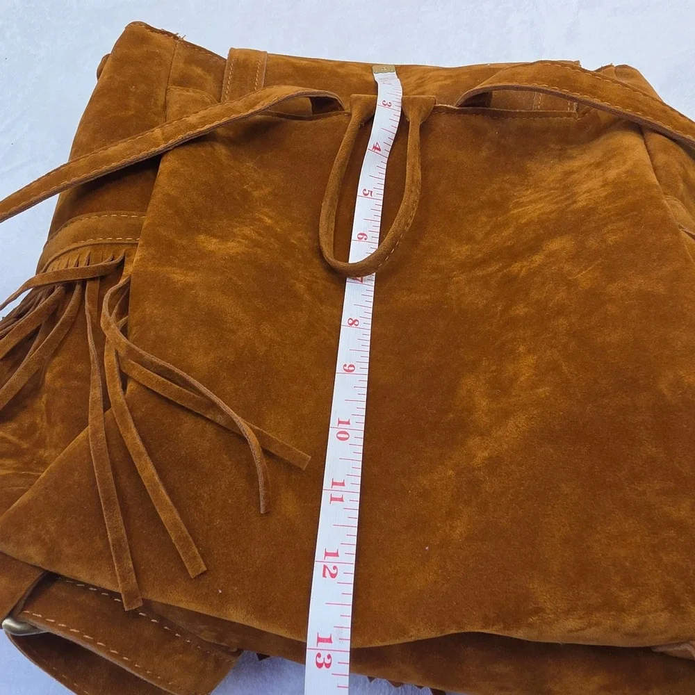 Cognac Brown Suede Fringe Backpack Boho Western Drawstring Bag Women